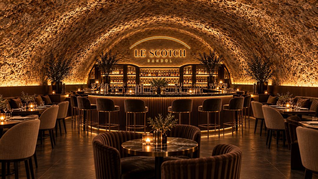 Le bar et la salle sous la voûte en pierre du Scotch, enseigne Le Scotch Bandol, fauteuils en velours et bougies