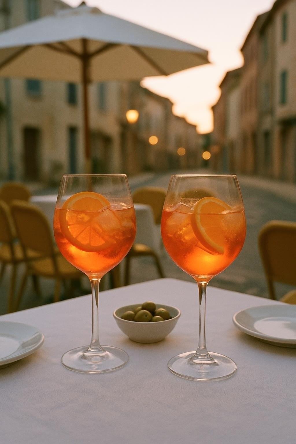 Illustration : Deux spritz à l’orange en terrasse au coucher du soleil, olives vertes