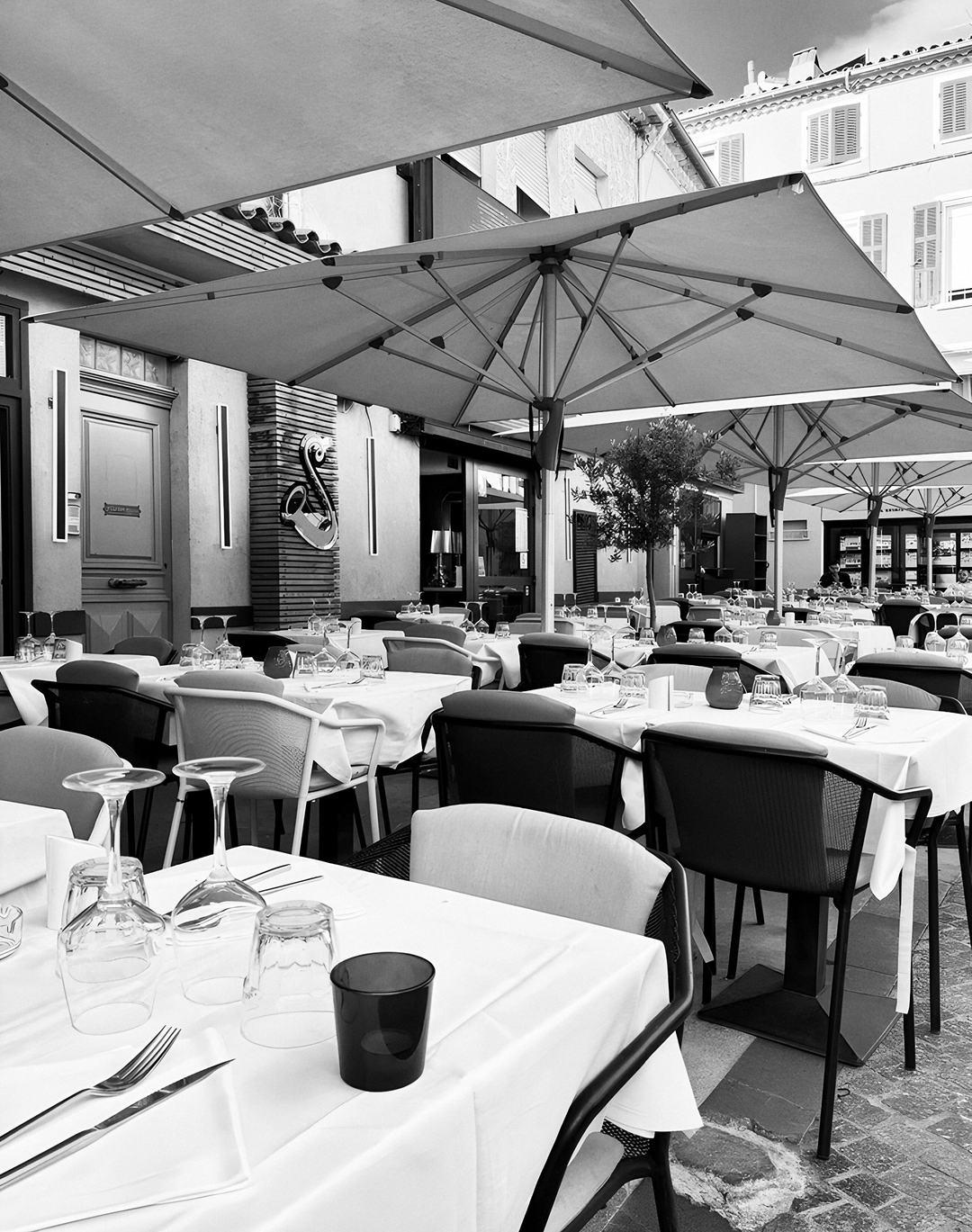 La terrasse du Scotch à Bandol : tables dressées de nappes blanches sous les grands parasols, le S du Scotch sur la façade