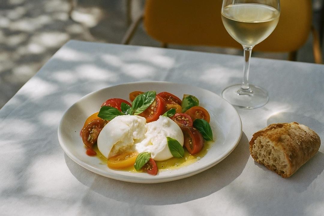 Illustration : Burrata, tomates anciennes et basilic, pain de campagne et verre de vin blanc en terrasse