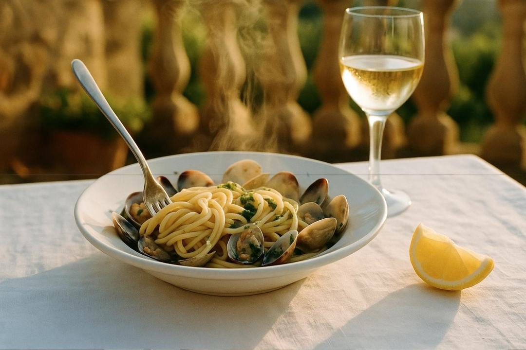 Illustration : Assiette de pâtes aux palourdes et persil, verre de vin blanc, lumière de fin de journée