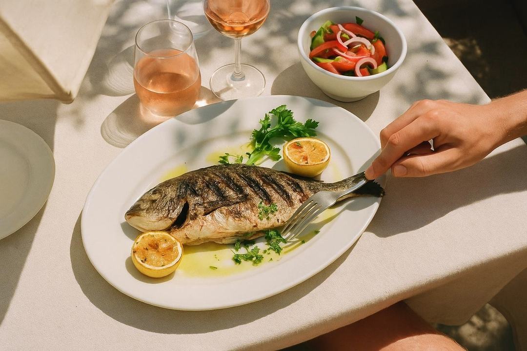 Illustration : Poisson grillé entier, citron et herbes, verres de rosé sur une nappe blanche au soleil