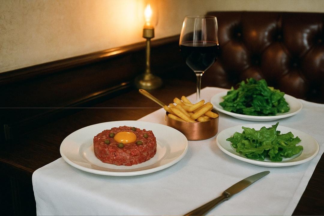 Illustration : Tartare de bœuf au jaune d’œuf, frites et salade, verre de vin rouge près d’une banquette en cuir