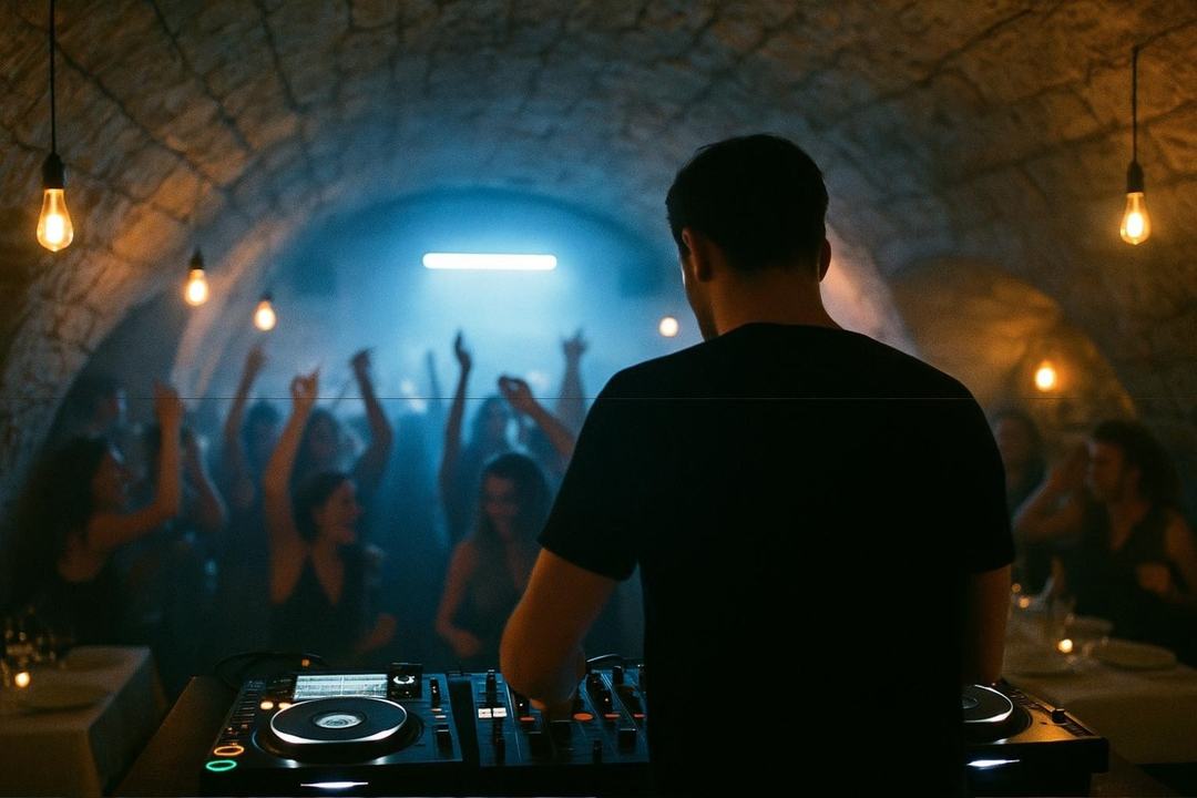 Illustration : DJ set tard dans la nuit sous la voûte, mains levées dans la lumière bleue