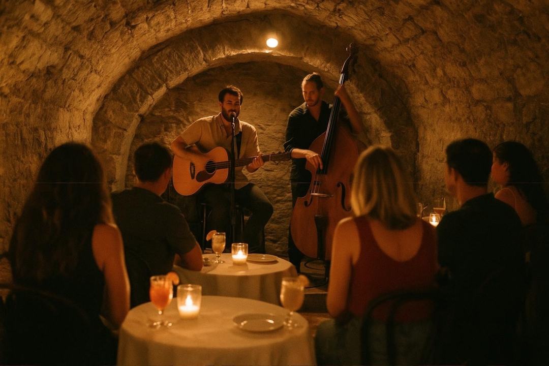 Illustration : Concert acoustique en début de soirée sous une voûte de pierre, public attablé aux chandelles