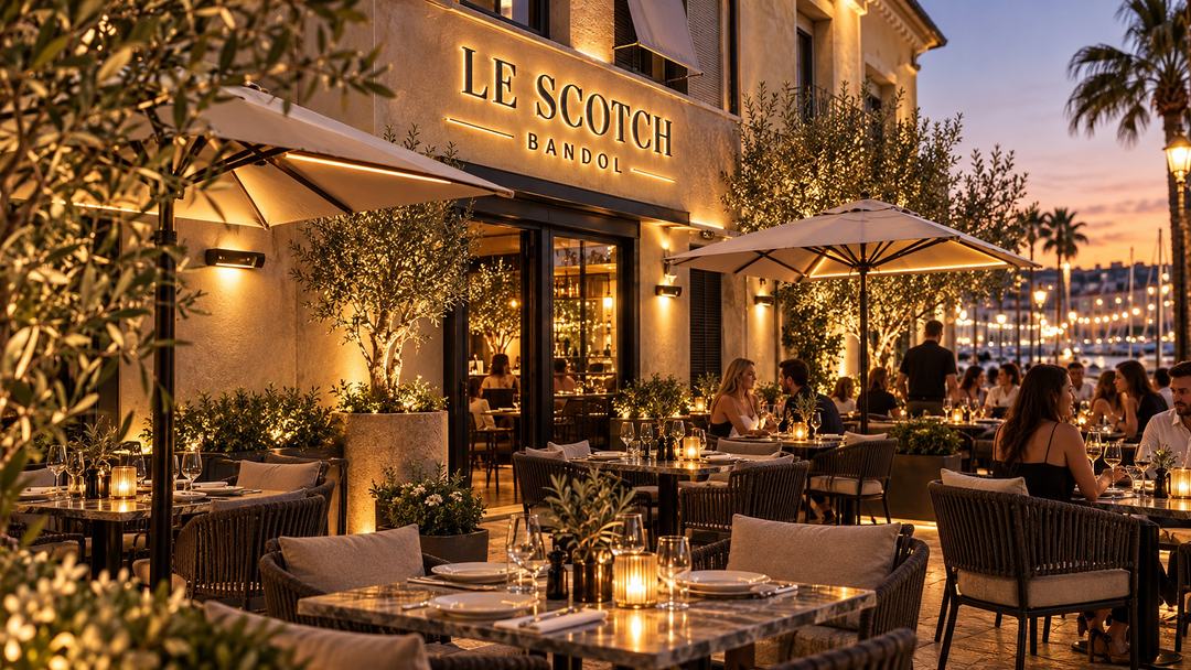 La terrasse du Scotch à Bandol à la tombée du jour : parasols, oliviers, tables aux chandelles sous l’enseigne Le Scotch