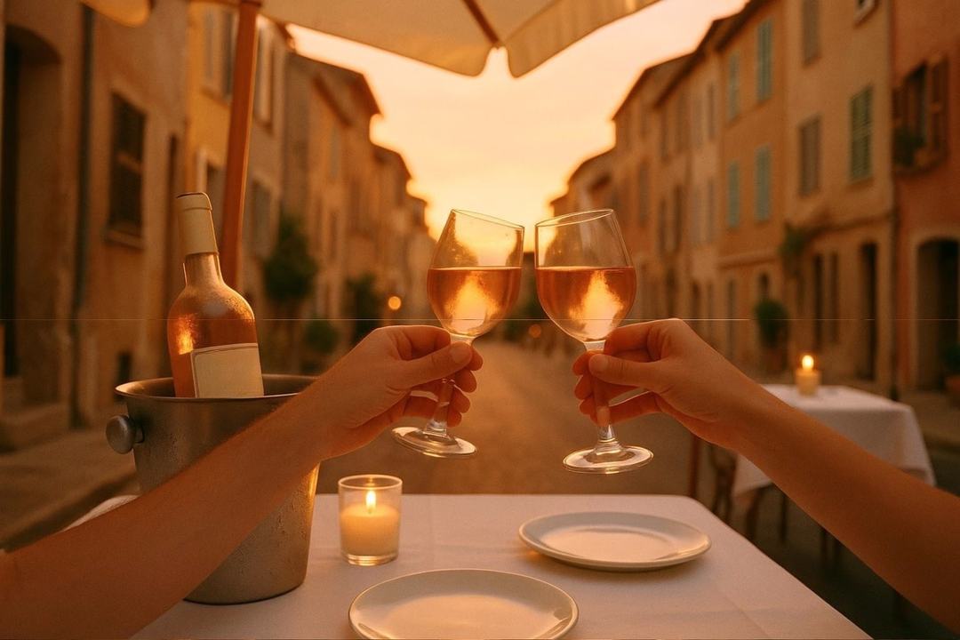 Illustration : Deux verres de rosé qui trinquent, bouteille dans le seau, rue provençale au crépuscule